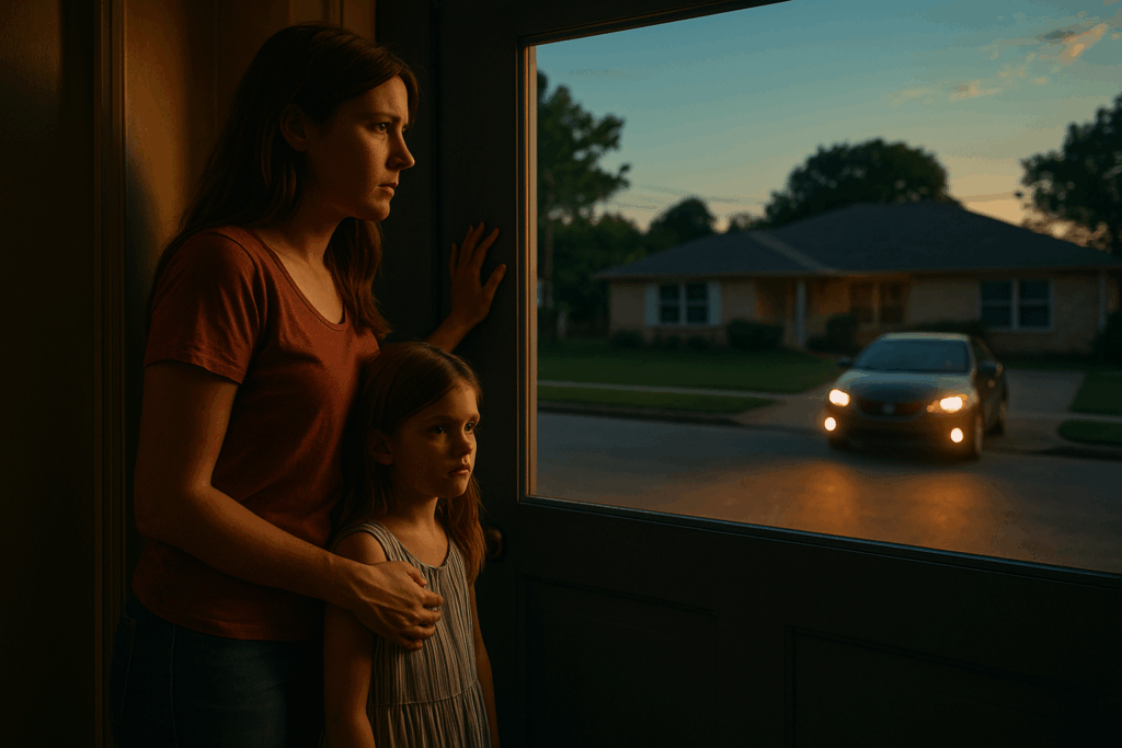 Mother and daughter stand inside a dimly lit home, watching a car approach at night, capturing the fear and uncertainty of a custody dispute involving domestic violence.