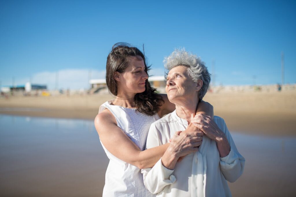 senior mother with adult daughter