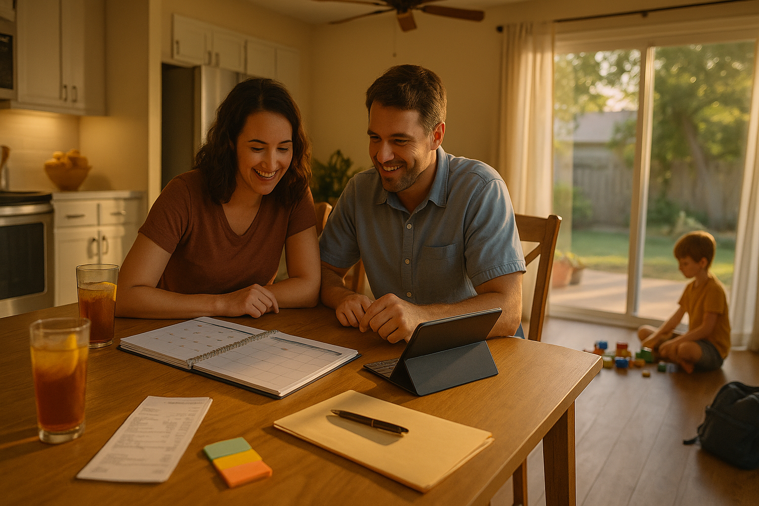 Wide-angle, photo-realistic summer scene in a Houston kitchen: two co-parents review a calendar and receipts at the table while their child plays nearby—calm, collaborative planning with Child Support Attorney Texas Advice.