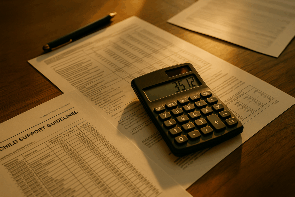 A calculator and financial documents representing accurate child support calculations. Benefits of Hiring a Child Support Lawyer