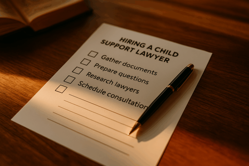 A checklist and a pen representing the process of hiring a child support lawyer.
