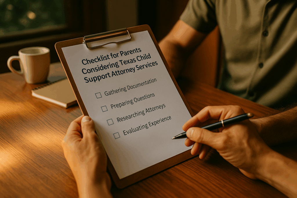 A checklist for parents considering Texas child support attorney services.