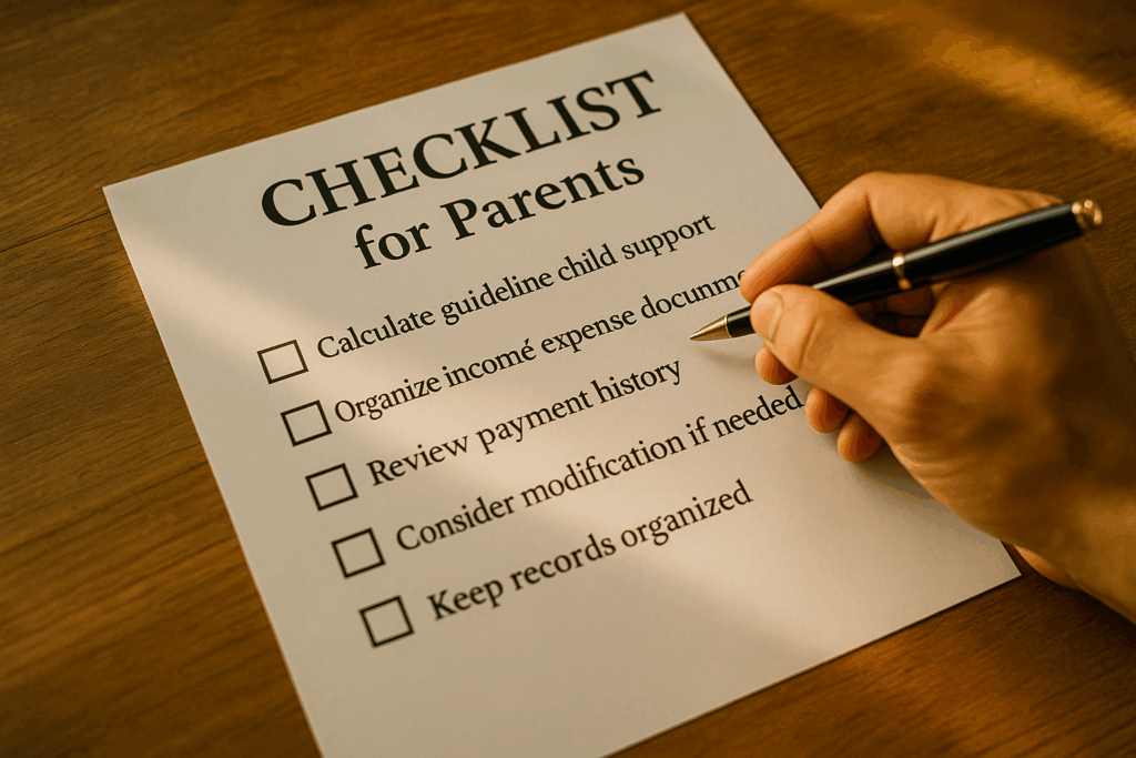 A checklist for parents regarding child support arrangements.