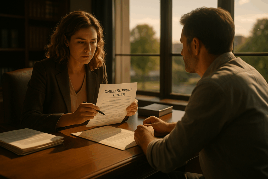 A child support attorney discussing a child support order with a client.