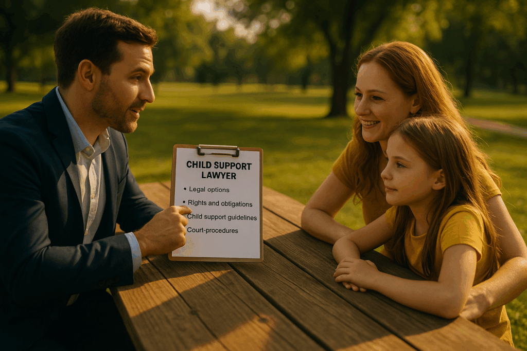 A child support lawyer consulting with a family about their legal options.