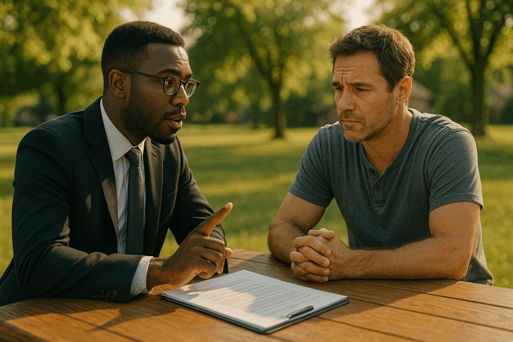 A child support lawyer explaining enforcement options to a client.