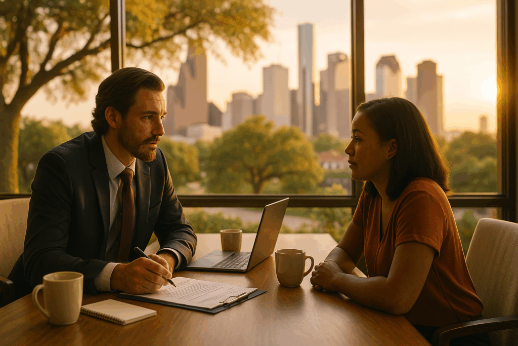 A child support modification lawyer in Texas consulting with a client.
