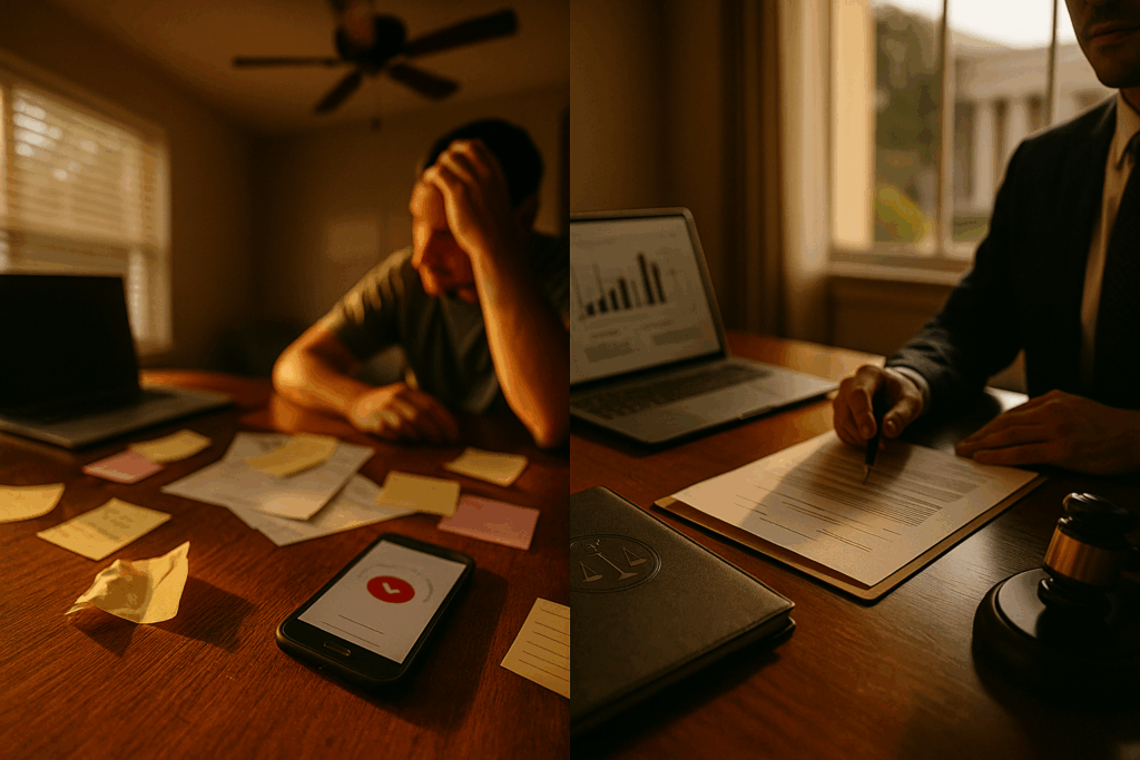 A comparison between DIY child support enforcement and legal representation, depicted through a split image.
