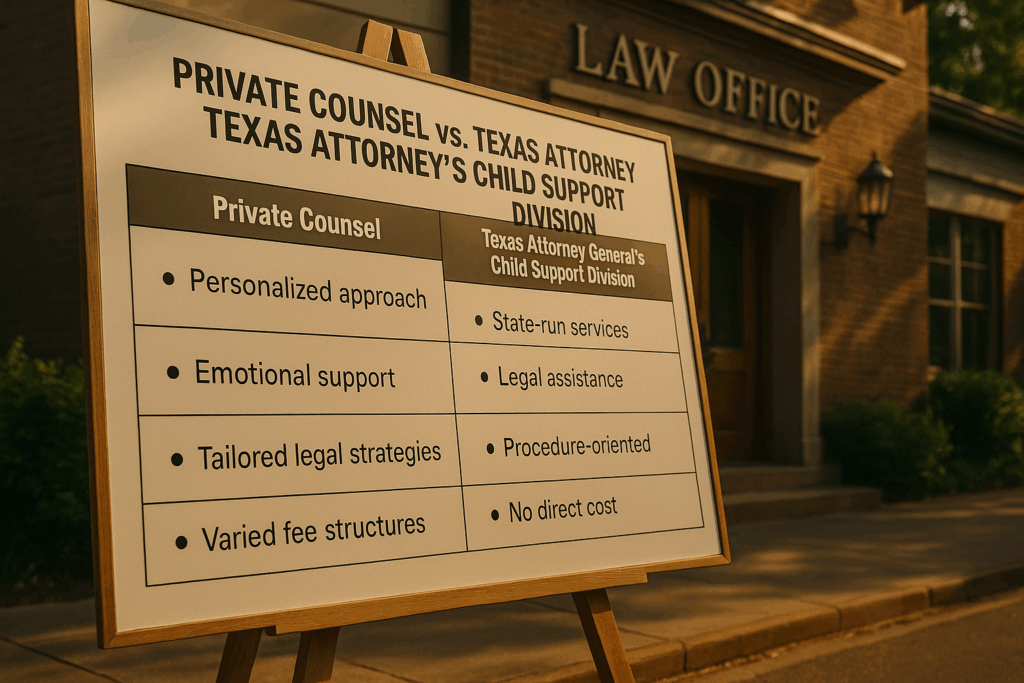 A comparison chart of private counsel and Texas Attorney General’s Child Support Division.