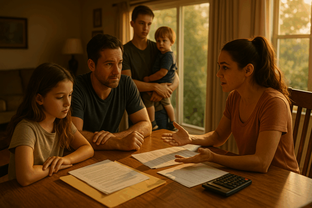 A complex family scenario involving child support discussions.
