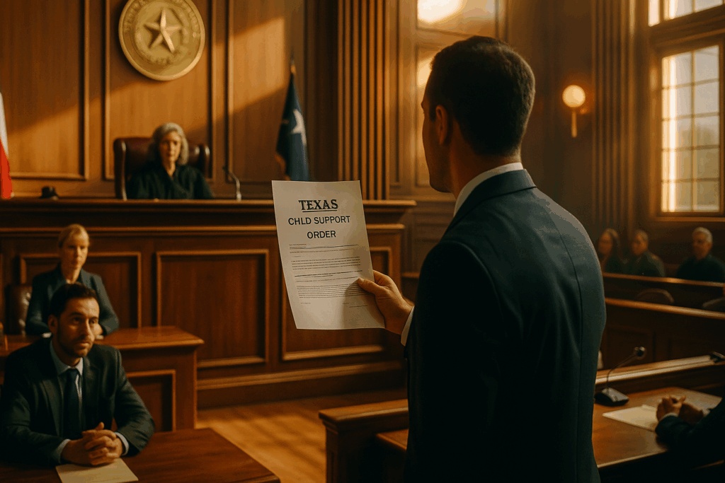 A courtroom scene focused on enforcing child support orders.