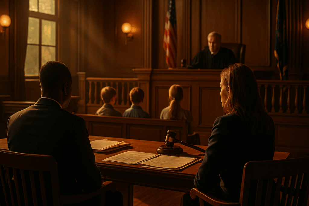 A courtroom scene highlighting the importance of protecting legal rights in child support cases.