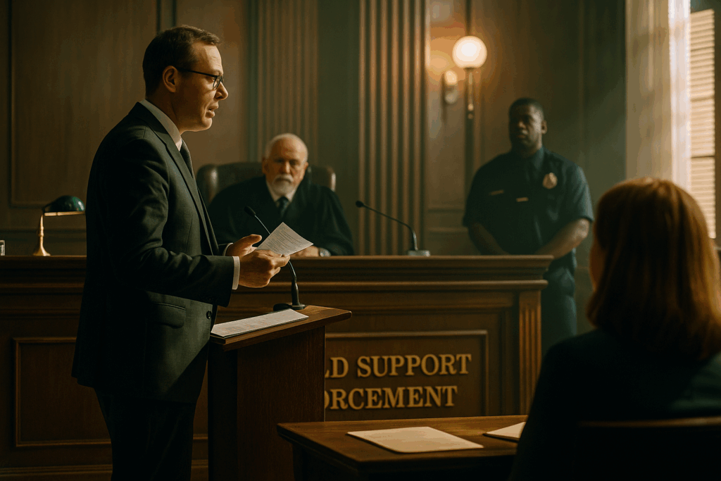 A courtroom scene where child support enforcement is being discussed.