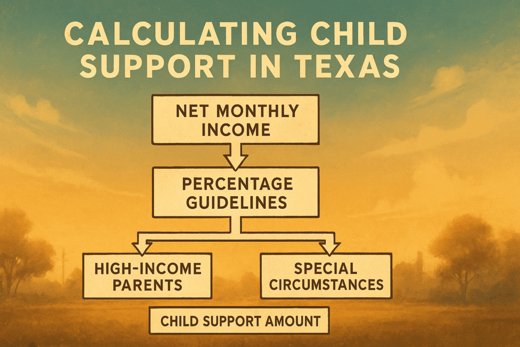 A diagram illustrating the process of calculating child support in Texas.