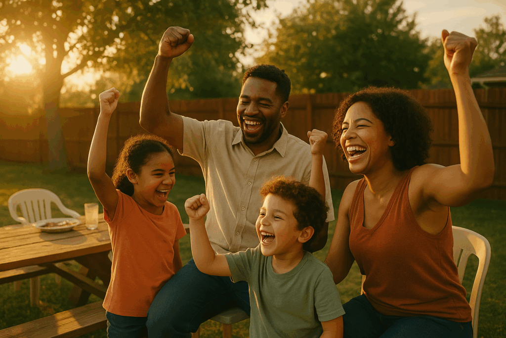 A family celebrating after a successful child support modification.