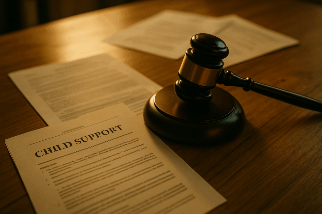 A gavel and legal documents symbolizing the enforcement of child support orders. Benefits of Hiring a Child Support Lawyer