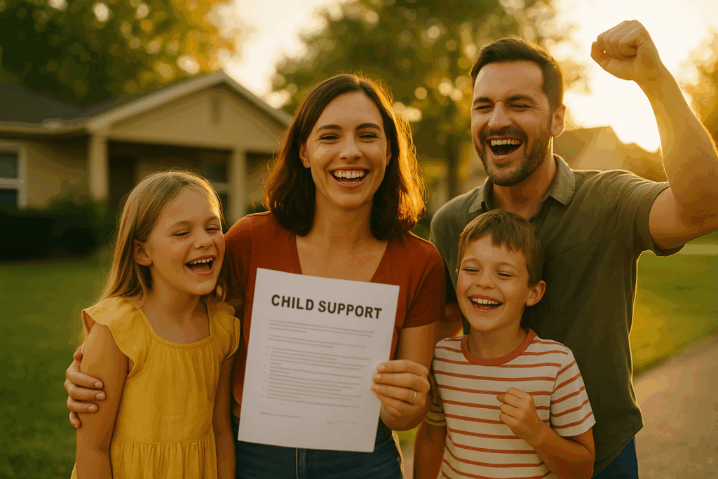 A happy family celebrating a successful resolution of their child support case.