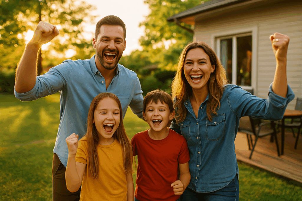 A happy family celebrating success after a child support case.