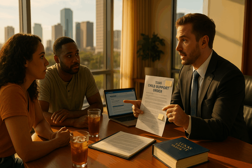 A legal professional explaining child support orders to parents.