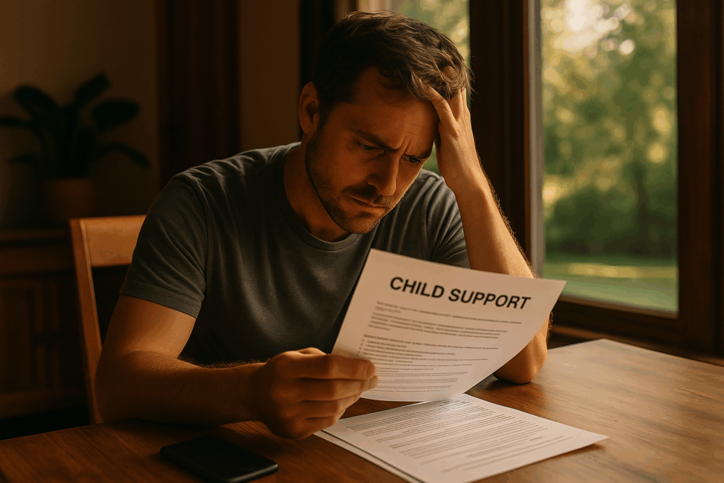A parent looking worried while reviewing child support documents.
