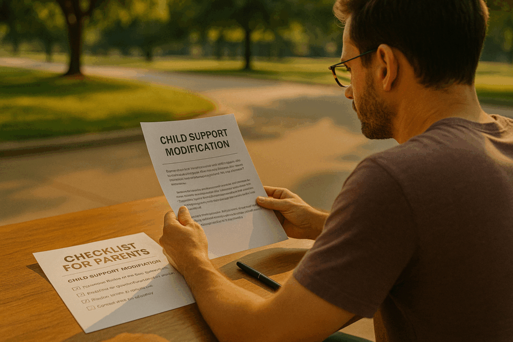 A parent reviewing documents for child support modification.