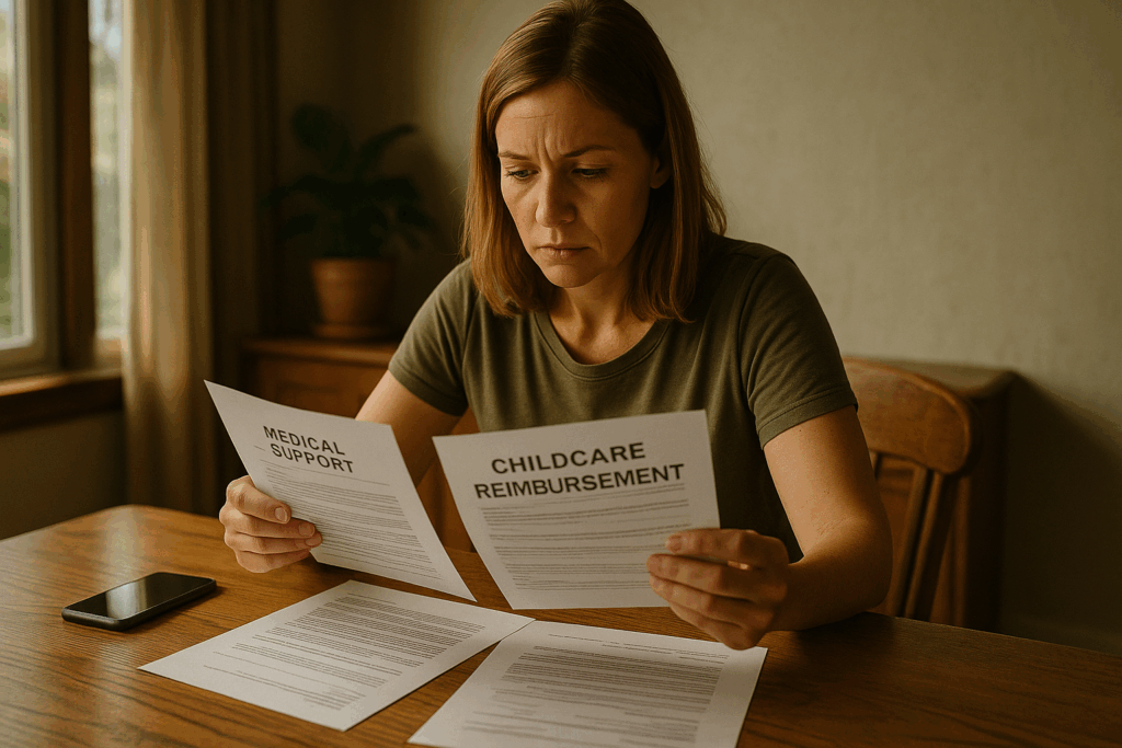 A parent reviewing medical support and childcare reimbursement documents.