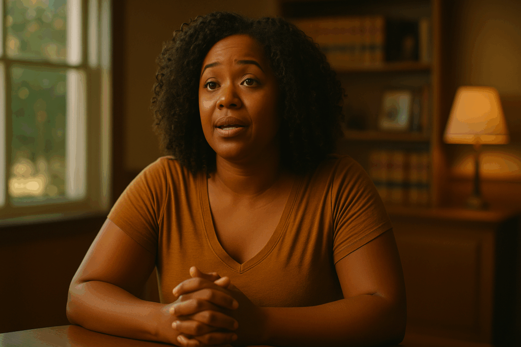A parent sharing their child support experience in a testimonial setting.