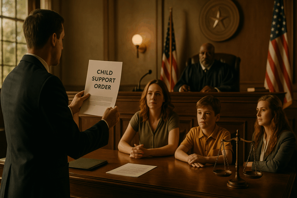 A visual representation of a child support order being established in court.