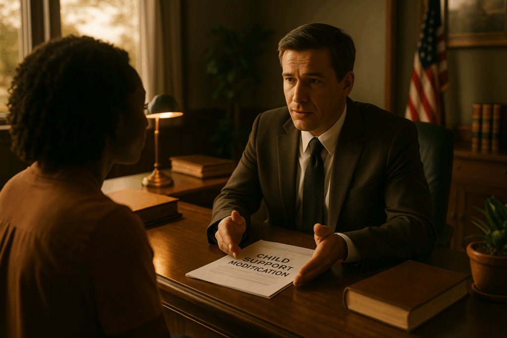 An attorney discussing child support modification consultation in Texas.