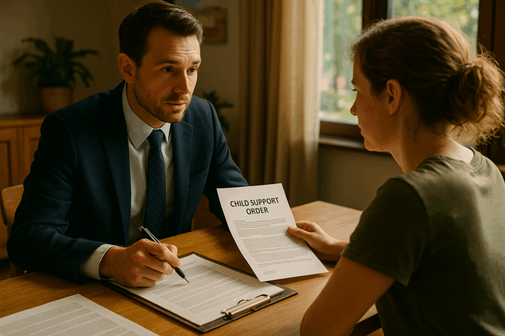 An attorney discussing child support orders with a parent.