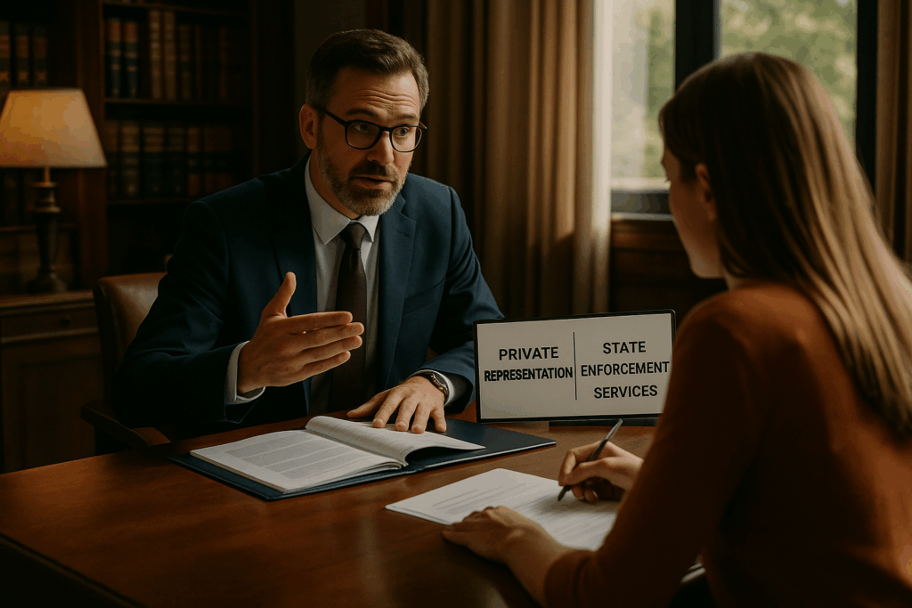 An attorney explaining the differences between private representation and state enforcement services.