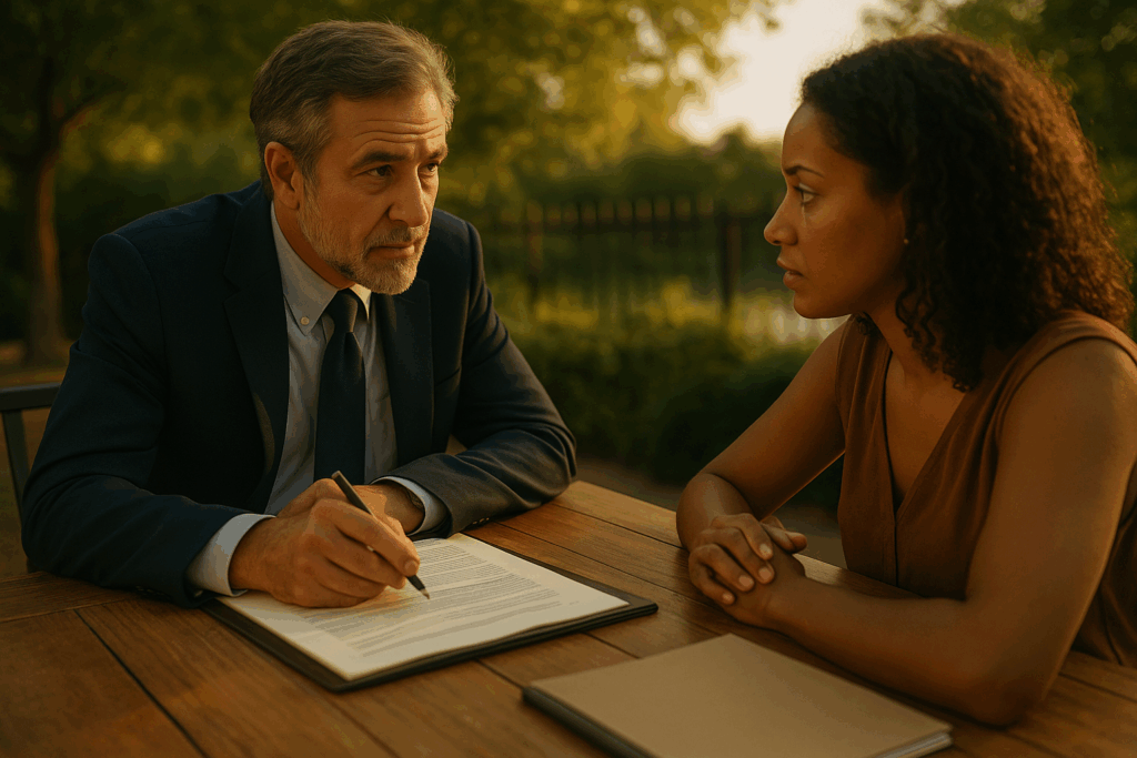 An experienced child support attorney discussing a case with a client.