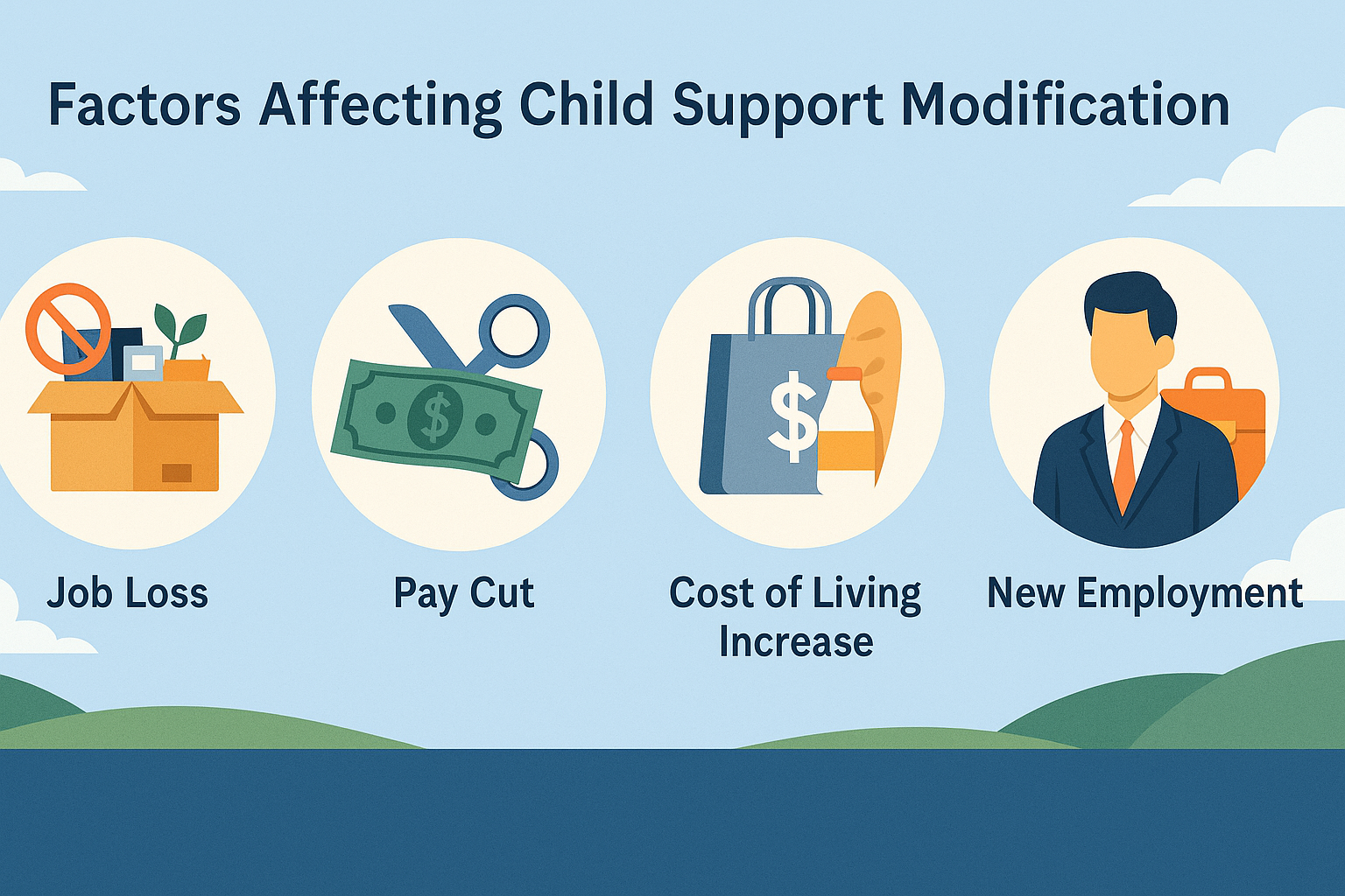 An illustration showing various factors affecting child support modification due to income changes.
