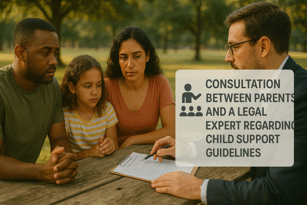 An image showing a consultation between parents and a legal expert regarding child support guidelines.