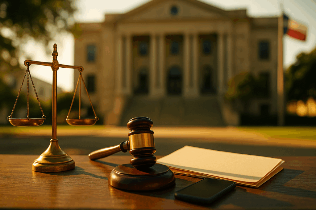 An overview of Texas child support enforcement with a blurred image of a courthouse.