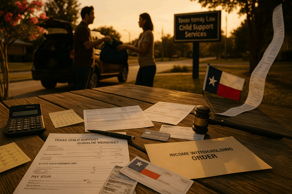 Calculating child support in Texas, showcasing relevant financial elements.