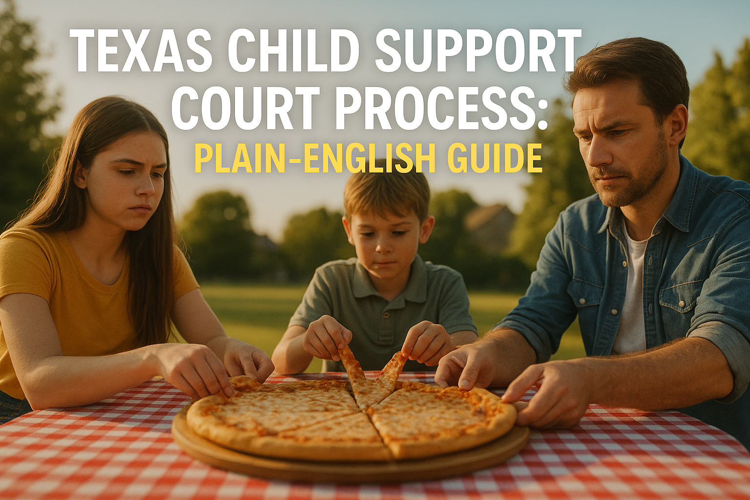 Family sharing a pizza at a summer picnic—wide angle—illustrating the Texas Child Support Court Process plain-English guide