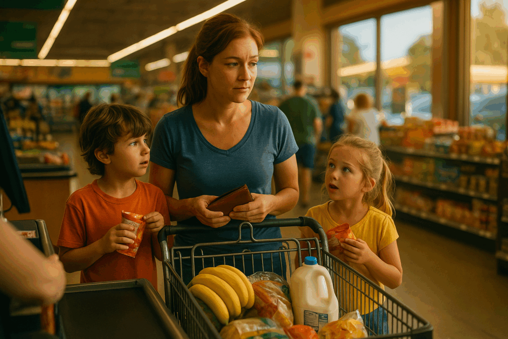 A mother with two young children at a Texas grocery store checkout, symbolizing everyday family challenges and child support realities.