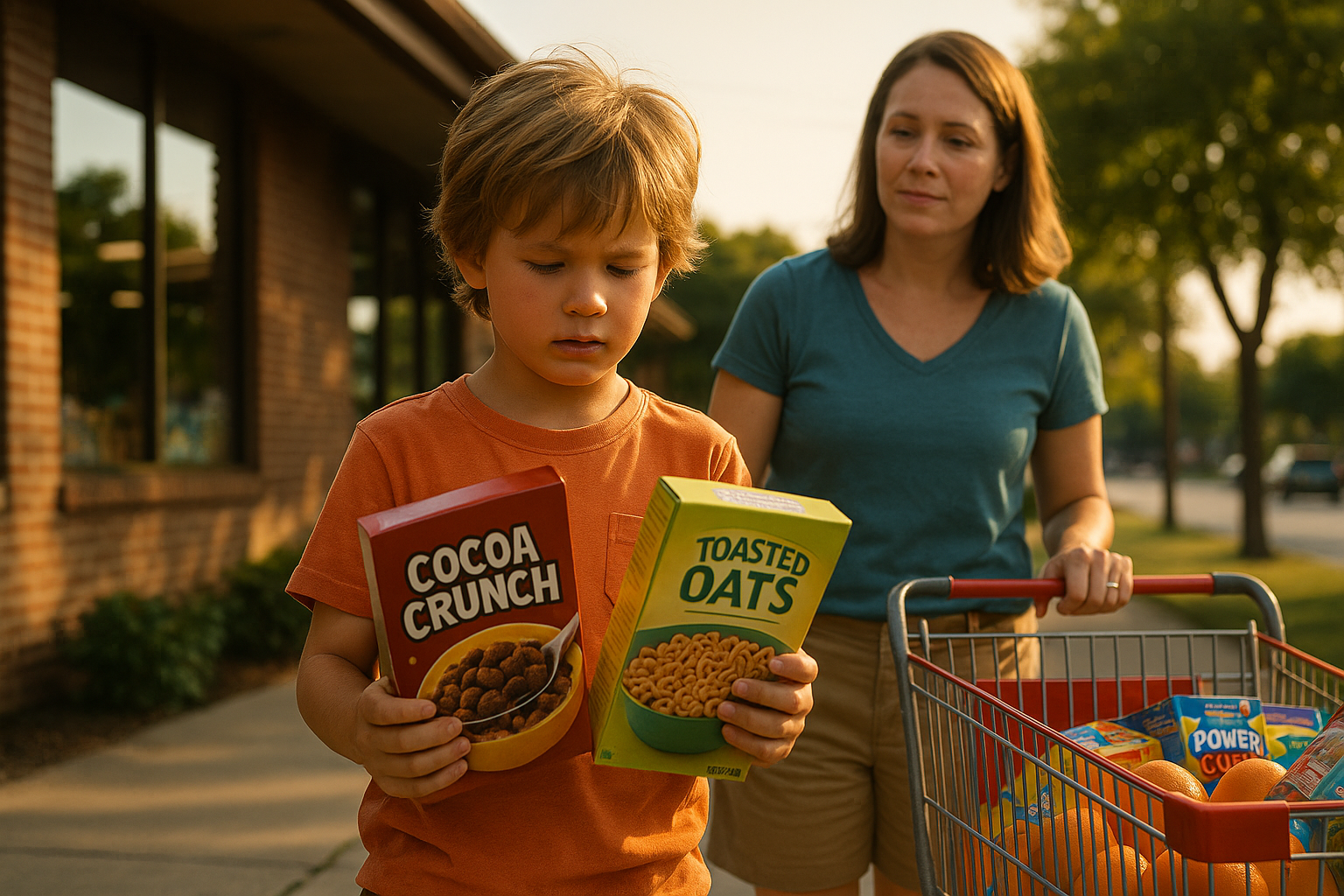 Child holding two cereal boxes while mom looks on, symbolizing choices parents face in child support cases in Texas.
