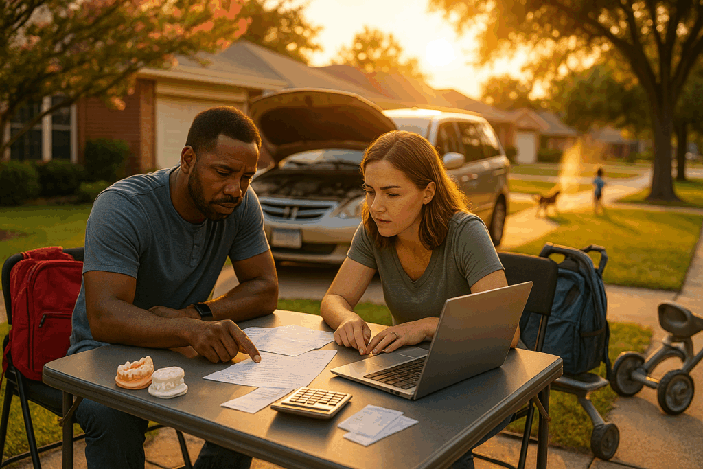 Wide-angle photo of two co-parents reviewing child-support paperwork at a folding table outside a Texas home at sunset, with laptop and calculator.