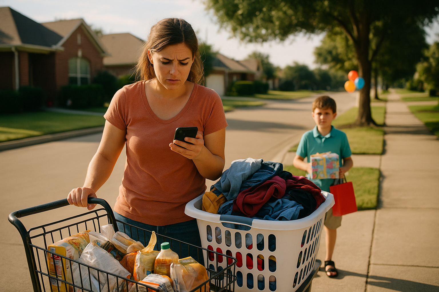 Parent juggling groceries, laundry, and birthday supplies on a summer morning—illustrating Enforcement of Child Support Payments stress.