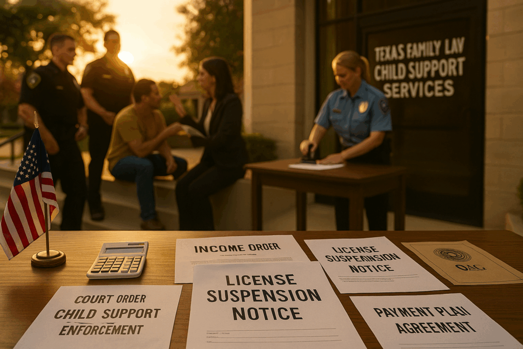 Enforcement of child support orders, depicting legal actions and support.