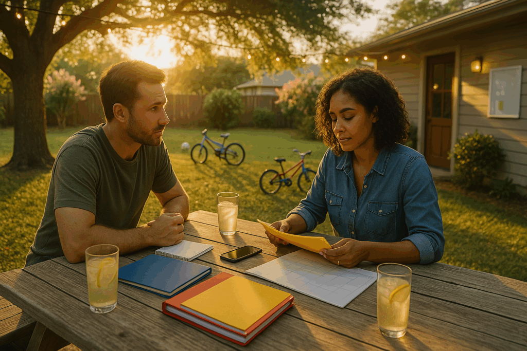 Factors Affecting Child Support Calculations—co-parents calmly reviewing expenses at a backyard picnic table on a summer evening in Texas.
