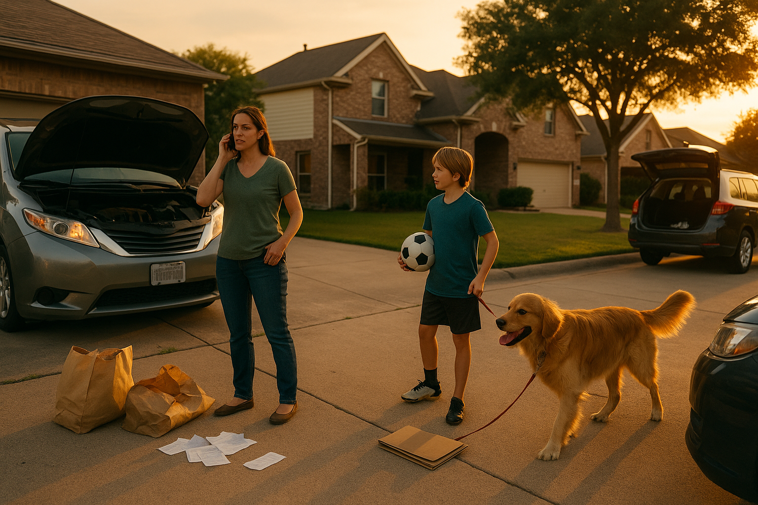 Wide-angle, cinematic summer scene in a Houston suburb: mom on the phone by a minivan with the hood up, son holding a soccer ball, golden retriever on a leash—capturing two-household chaos and the need to hire a Texas child support lawyer.