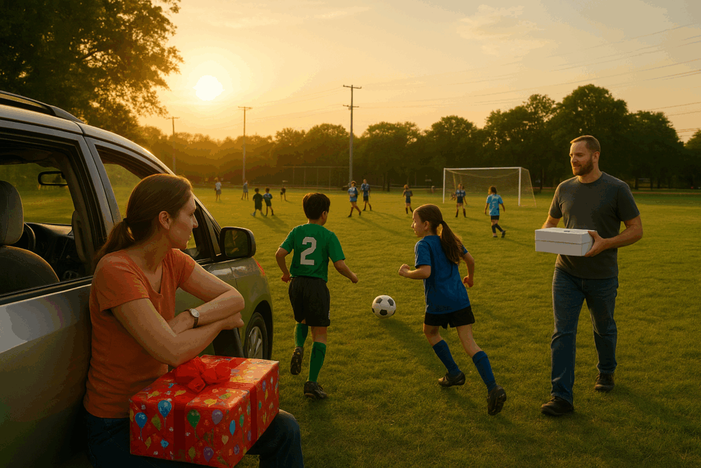 A summer morning in Houston with kids playing soccer, a mom holding a birthday gift, and a dad carrying a cake—symbolizing family life after divorce.