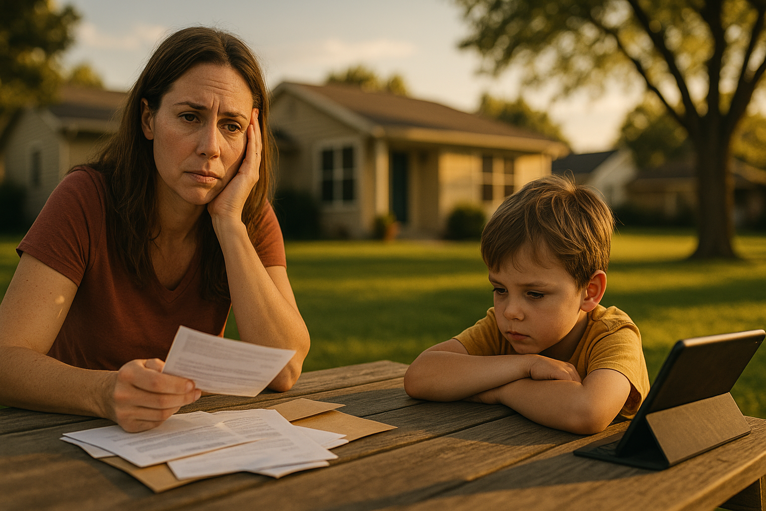 Mother reviewing bills while child looks frustrated with tablet, symbolizing financial stress and the importance of child support in Texas.