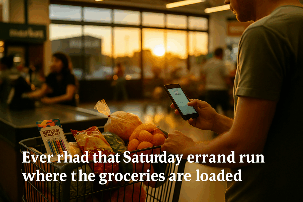 Parent at a grocery checkout checking a bank app during Saturday errands—wide, cinematic scene illustrating How to Enforce Child Support in Texas.