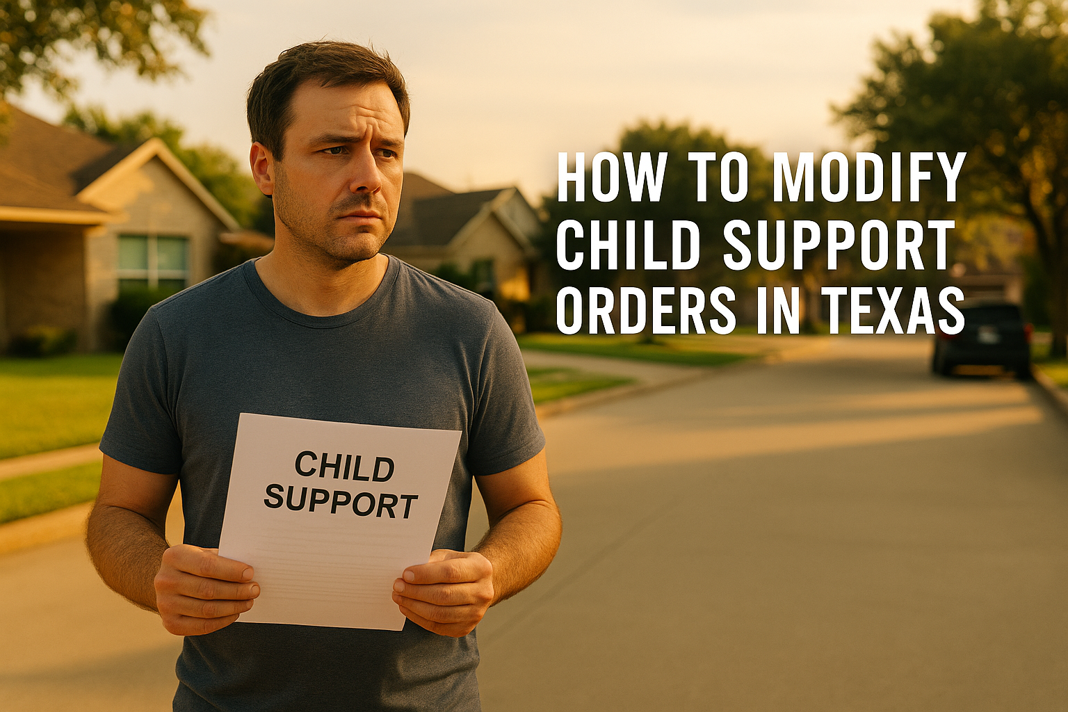 Man holding child support document on a Texas street, illustrating concern over modifying child support orders