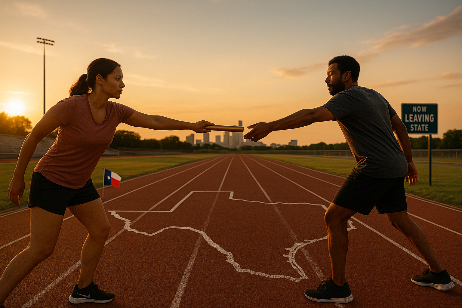 Two co-parents pass a baton on a Texas track at sunset, symbolizing Interstate Enforcement of Texas Child Support Orders across state lines.