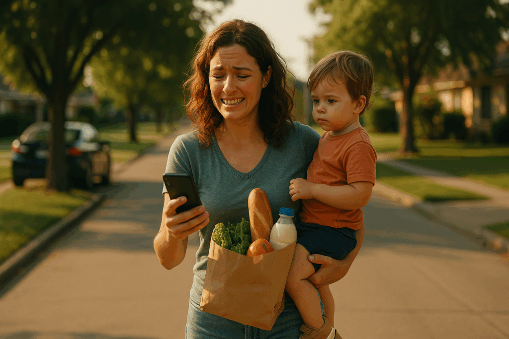 A concerned mother holding groceries and her toddler while checking her phone on a sunny Texas street, reflecting financial stress.